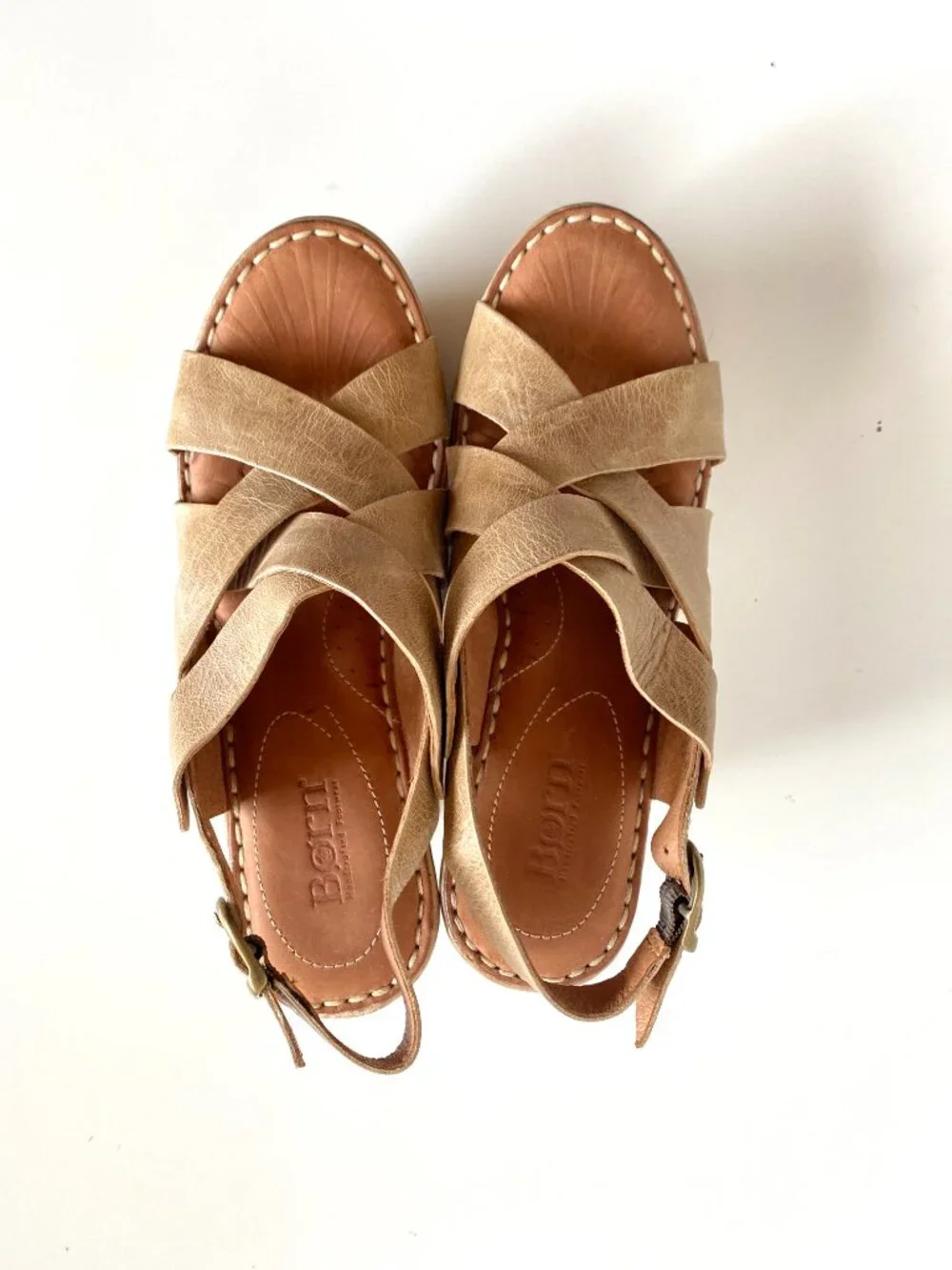 Born Womens US 6 Brown Leather CrisCross Sling Back Platform Wedge Sandals Shoes